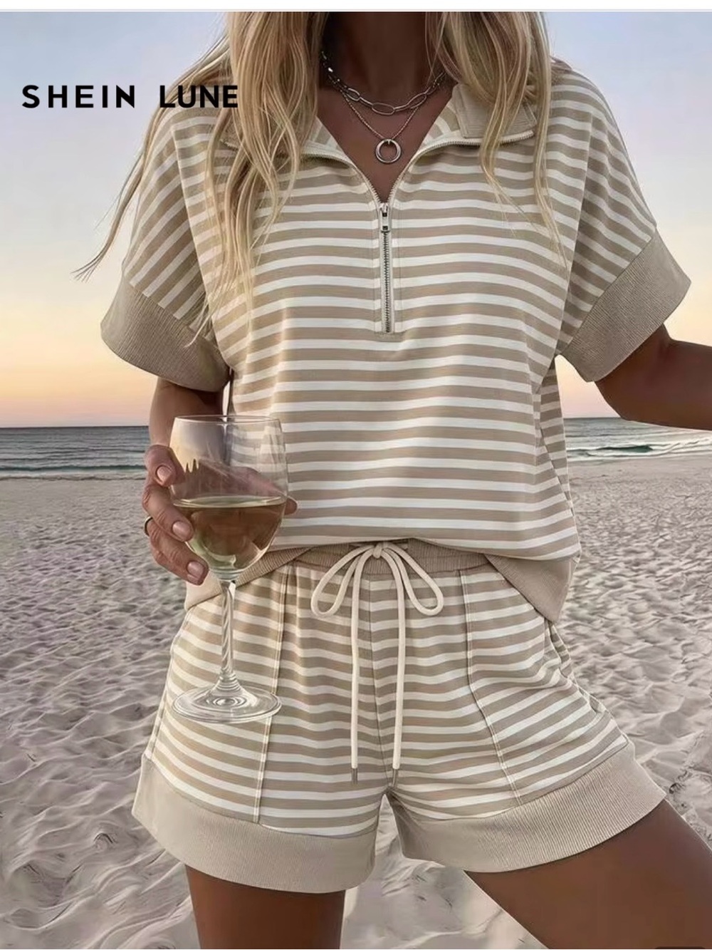 SHEIN LUNE Beige & White Striped Half-Zip Lounge Set Sz XS